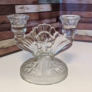 Vtg Glass Iris Herringbone Two Arm Double Candlestick 1940s MCM Cottagecore